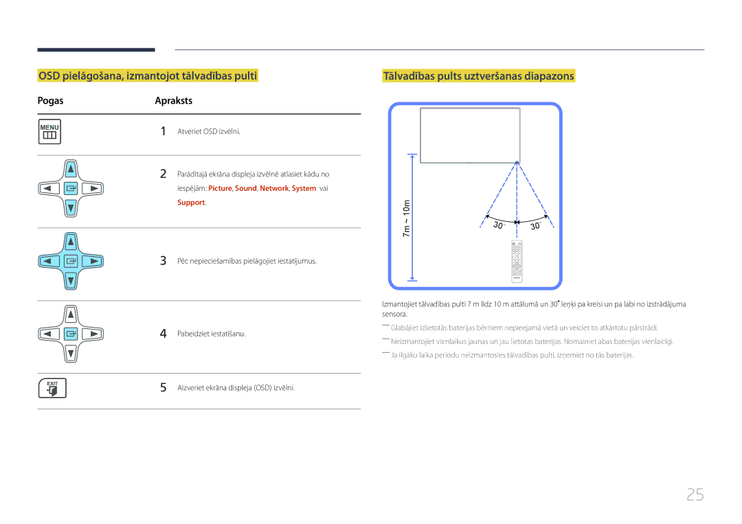 Samsung LH65MDCPLGC/EN manual OSD pielāgošana, izmantojot tālvadības pulti, Tālvadības pults uztveršanas diapazons, Support 