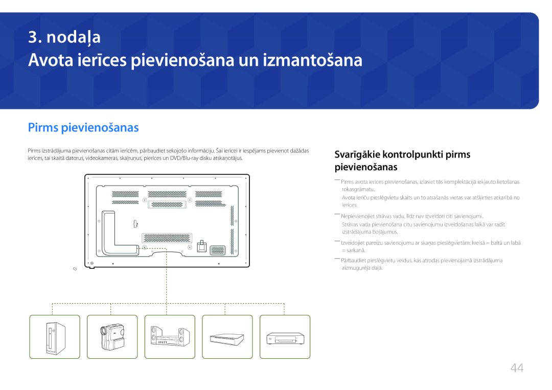 Samsung LH65MDCPLGC/EN manual Avota ierīces pievienošana un izmantošana, Pirms pievienošanas 