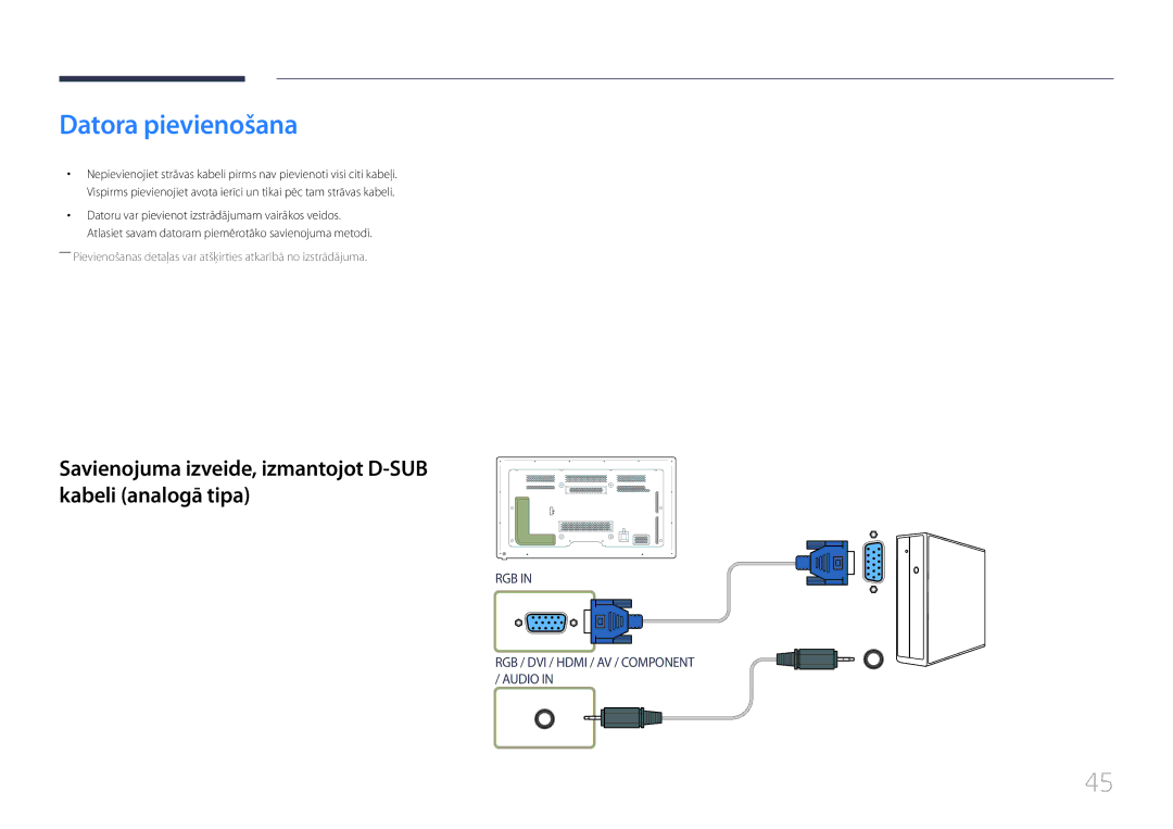 Samsung LH65MDCPLGC/EN manual Datora pievienošana, Savienojuma izveide, izmantojot D-SUB kabeli analogā tipa 