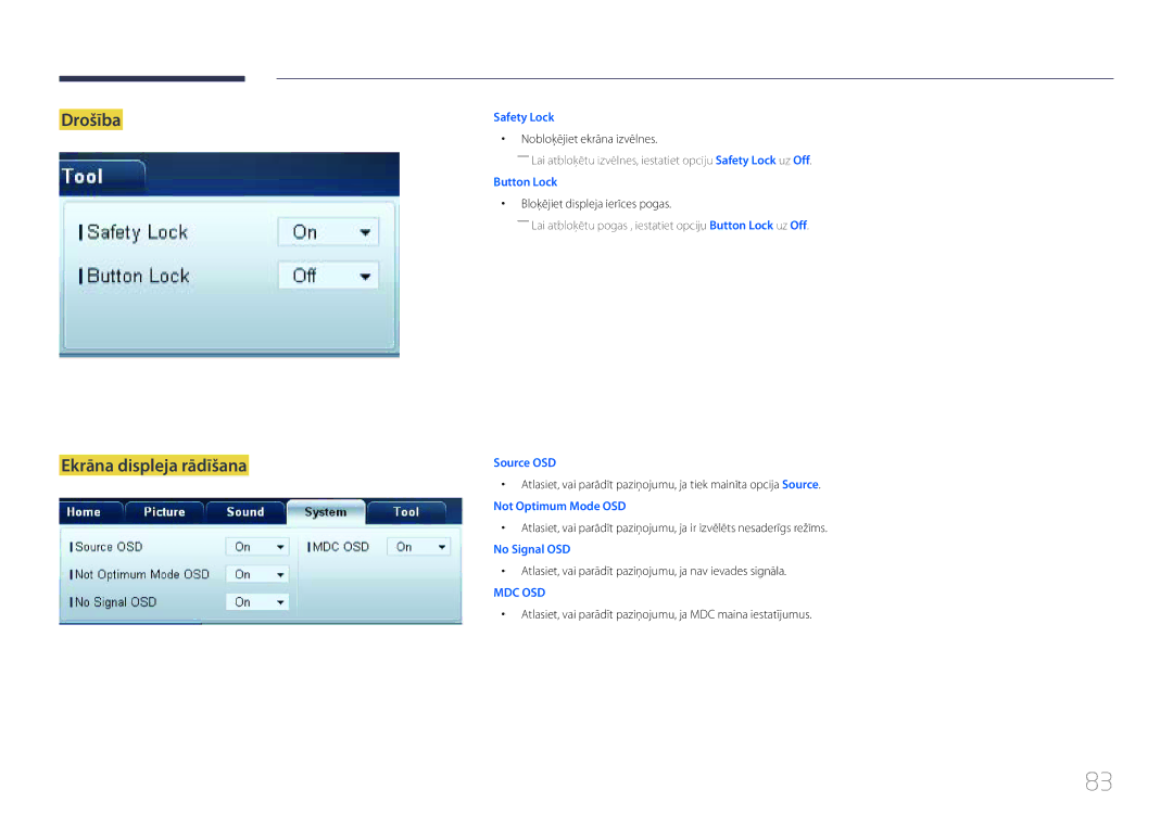 Samsung LH65MDCPLGC/EN Drošība Ekrāna displeja rādīšana, Nobloķējiet ekrāna izvēlnes, Bloķējiet displeja ierīces pogas 