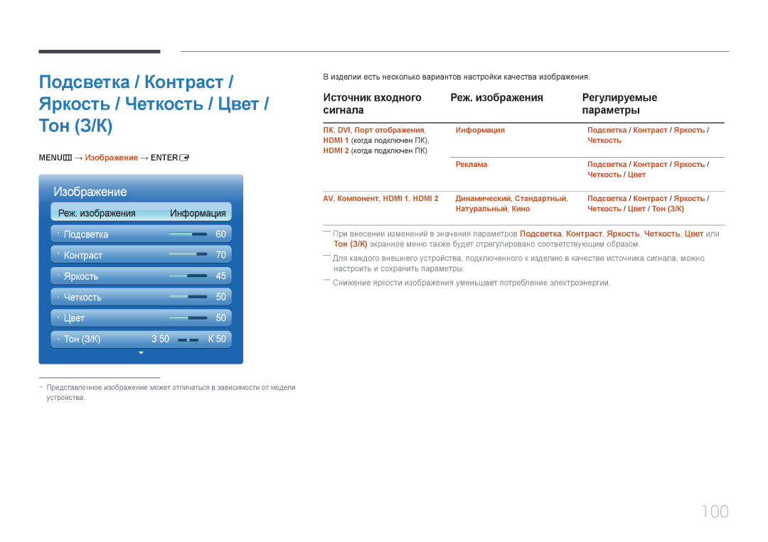 Samsung LH65MDCPLGC/EN manual Подсветка / Контраст / Яркость / Четкость / Цвет / Тон З/К, 100, MENUm → Изображение → Entere 