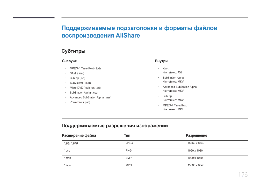 Samsung LH65MDCPLGC/EN 176, Субтитры, Поддерживаемые разрешения изображений, Снаружи, Расширение файла Тип Разрешение 