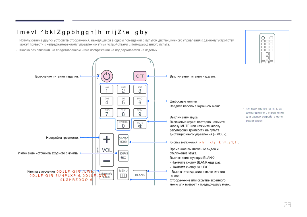 Samsung LH65MDCPLGC/EN manual Пульт дистанционного управления, Выключение питания изделия Настройка громкости 