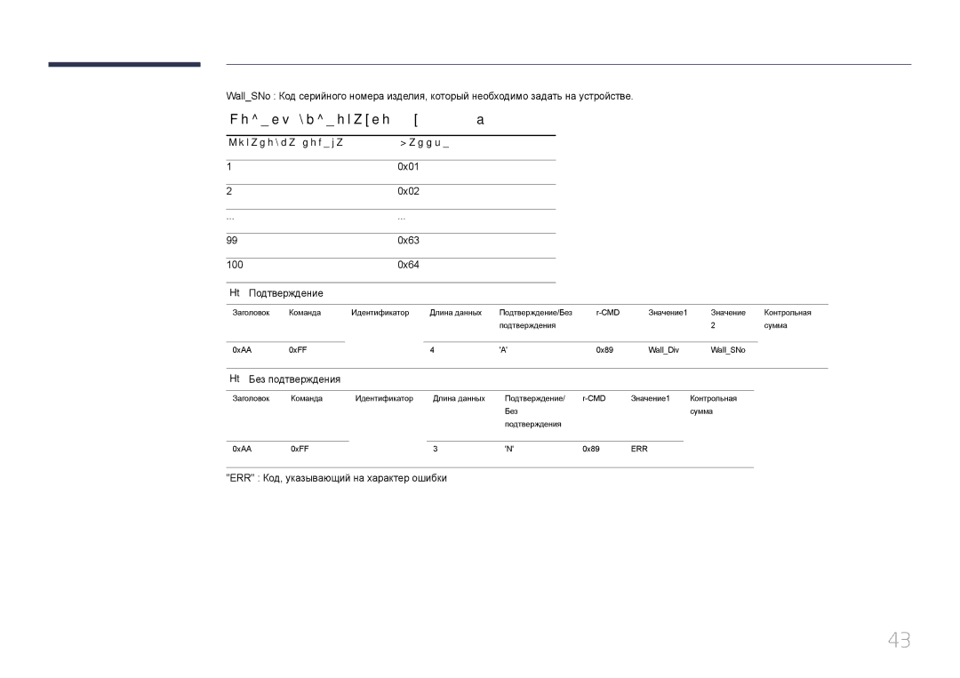 Samsung LH65MDCPLGC/EN manual Модель видеотабло 10x10 1 ~, Установка номера, 0x01, 0x02, 100 0x64 Подтверждение 