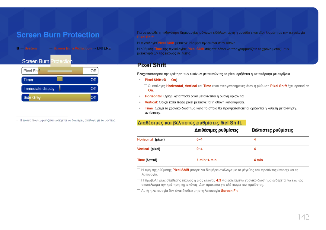 Samsung LH65MDCPLGC/EN manual Screen Burn Protection, 142, Διαθέσιμες και βέλτιστες ρυθμίσεις Pixel Shift 