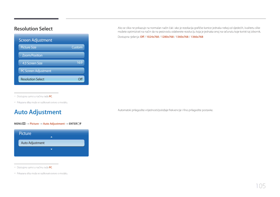 Samsung LH65MDCPLGC/EN manual 105, MENUm → Picture → Auto Adjustment → Entere 