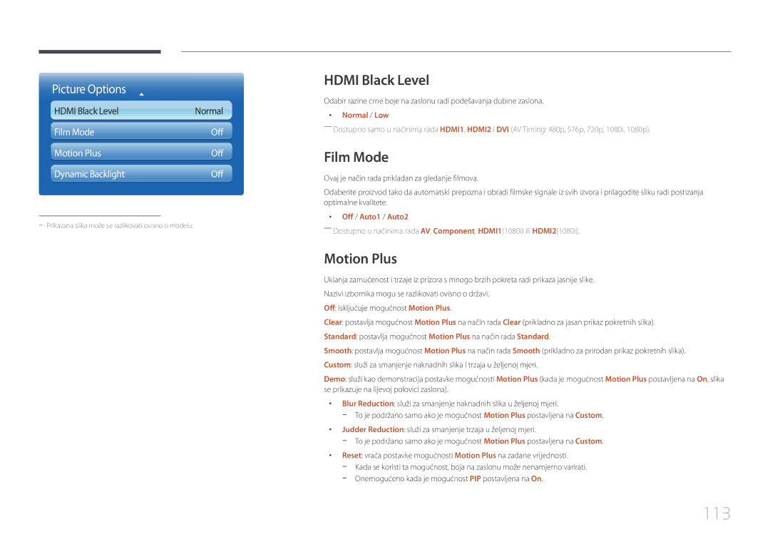 Samsung LH65MDCPLGC/EN manual 113, Hdmi Black Level, Film Mode, Motion Plus 