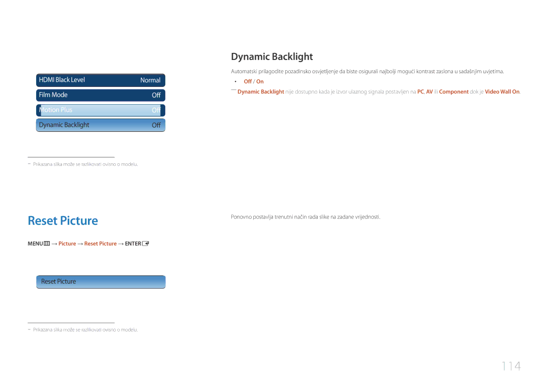 Samsung LH65MDCPLGC/EN manual 114, Dynamic Backlight, MENUm → Picture → Reset Picture → Entere 