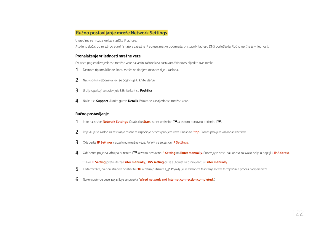 Samsung LH65MDCPLGC/EN manual 122, Ručno postavljanje mreže Network Settings 