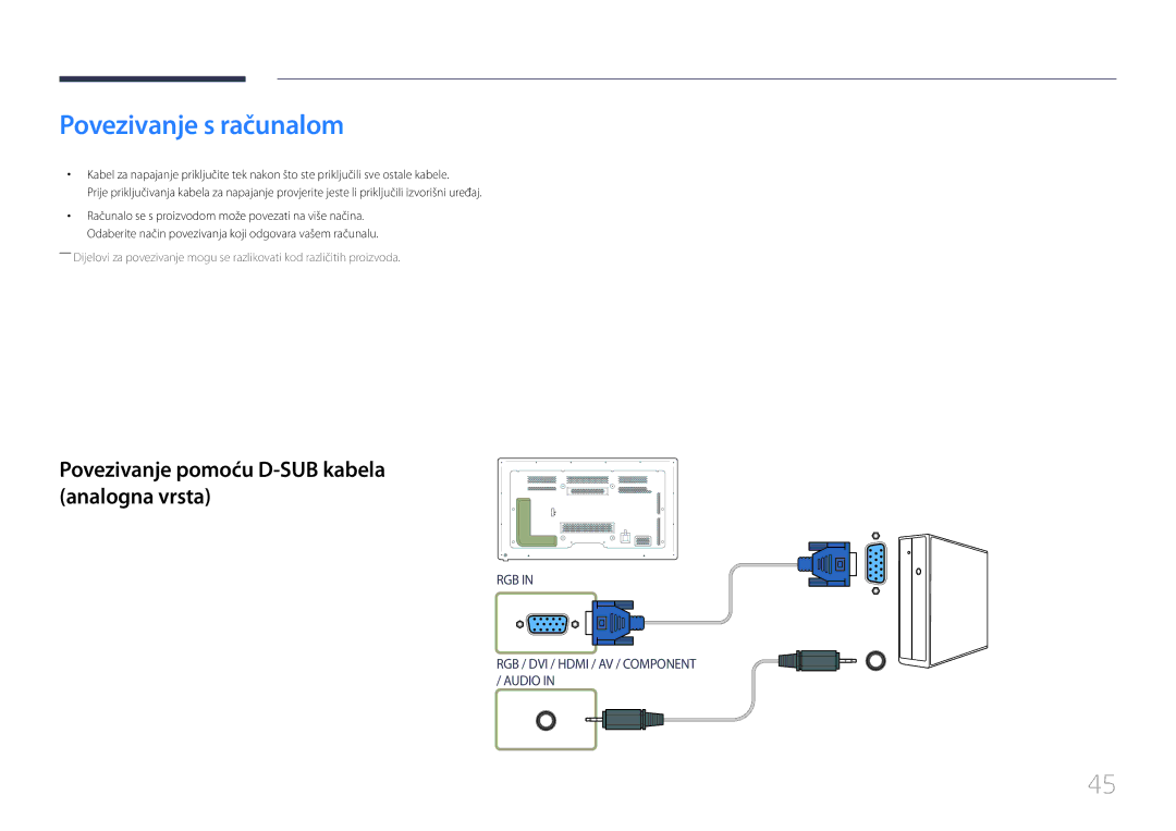 Samsung LH65MDCPLGC/EN manual Povezivanje s računalom, Povezivanje pomoću D-SUB kabela analogna vrsta 