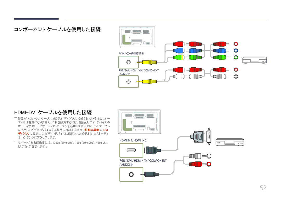 Samsung LH65MDCPLGC/XJ manual コンポーネント ケーブルを使用した接続, ――サポートされる解像度には、1080p 50/60Hz、720p 50/60Hz、480p およ, 576p が含まれます。 