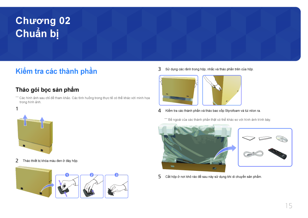 Samsung LH65MDCPLGC/XY manual Chuẩn bị̣, Kiểm tra các thà̀nh phần, Tháo gói bọ̣c sả̉n phẩm 