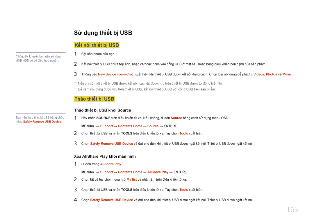 Samsung LH65MDCPLGC/XY manual 165, Sư dung thiêt bị USB, Kêt nôi thiêt bị USB, Thao thiêt bị USB 
