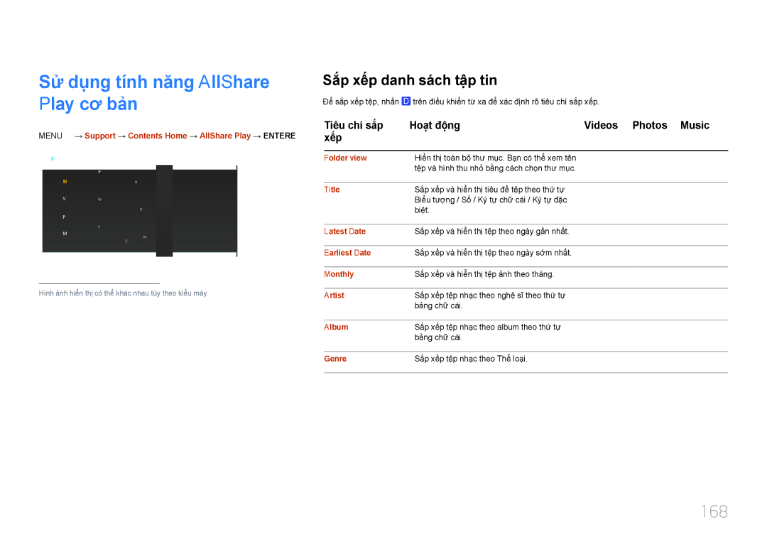 Samsung LH65MDCPLGC/XY manual Sư dung tính năng AllShare Play cơ bản, 168, Săp xêp danh sach tâp tin 