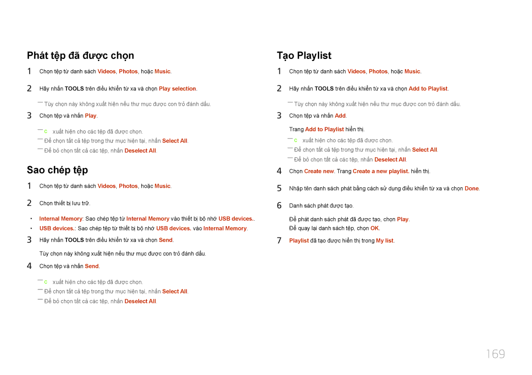 Samsung LH65MDCPLGC/XY manual 169, Phat têp đã được chọn, Sao chép têp, Tạo Playlist 