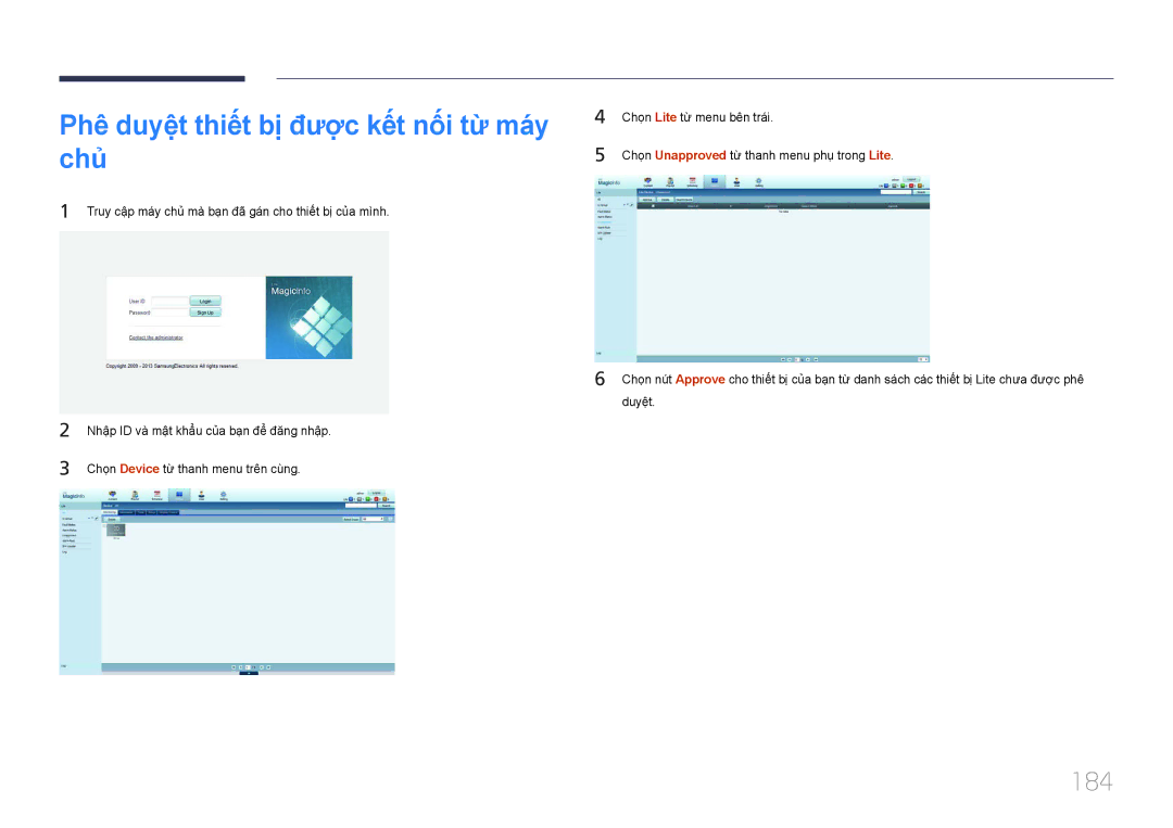 Samsung LH65MDCPLGC/XY manual Phê duyêt thiêt bị được kêt nôi từ may chủ, 184, Chon Device tư thanh menu trên cùng 
