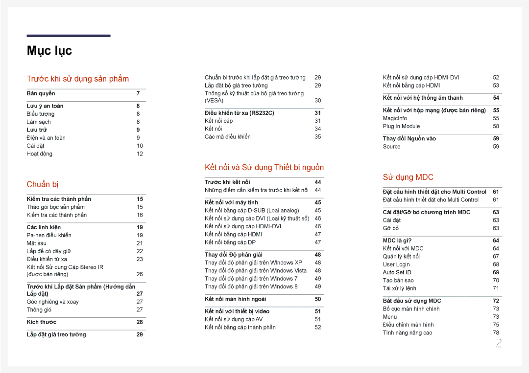 Samsung LH65MDCPLGC/XY manual Mục lục 