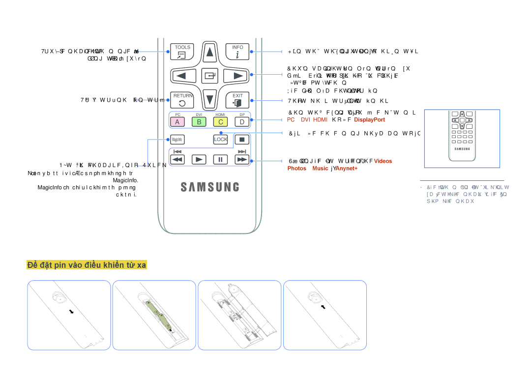 Samsung LH65MDCPLGC/XY manual Để đặt pin và̀o điề̀u khiển từ̀ xa, Dụ̣ng thườ̀ng xuyên Trở̉ về̀ trình đơn trướ́c 