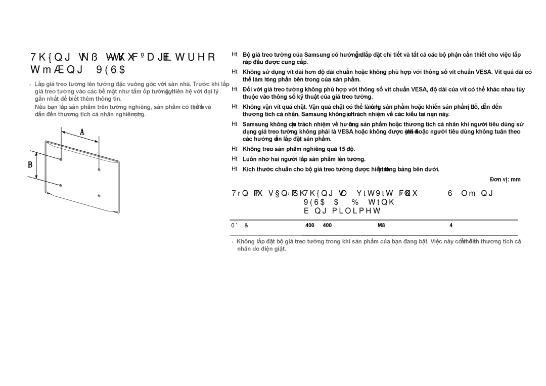 Samsung LH65MDCPLGC/XY manual Thông sô kỹ thuât của bô gia treo tường Vesa 