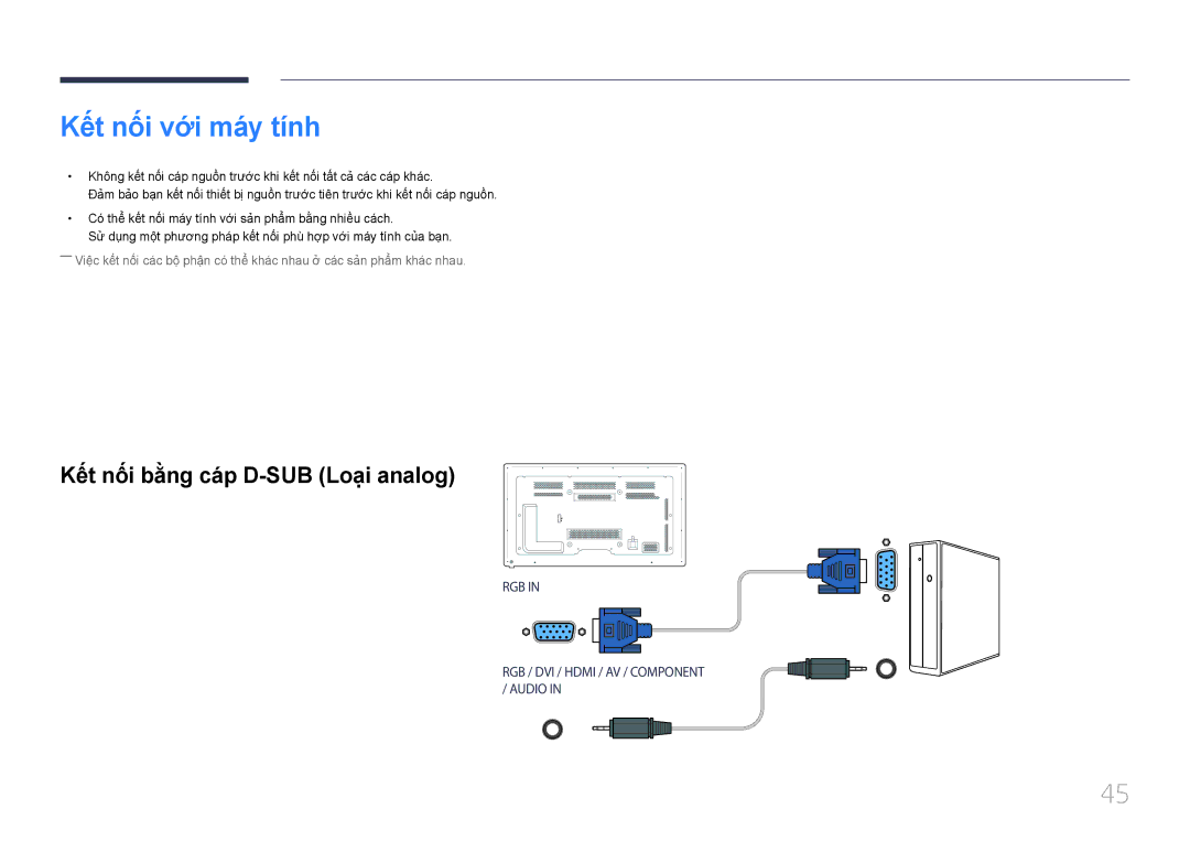 Samsung LH65MDCPLGC/XY manual Kêt nôi vơi may tính, Kêt nôi bằng cap D-SUB Loại analog 