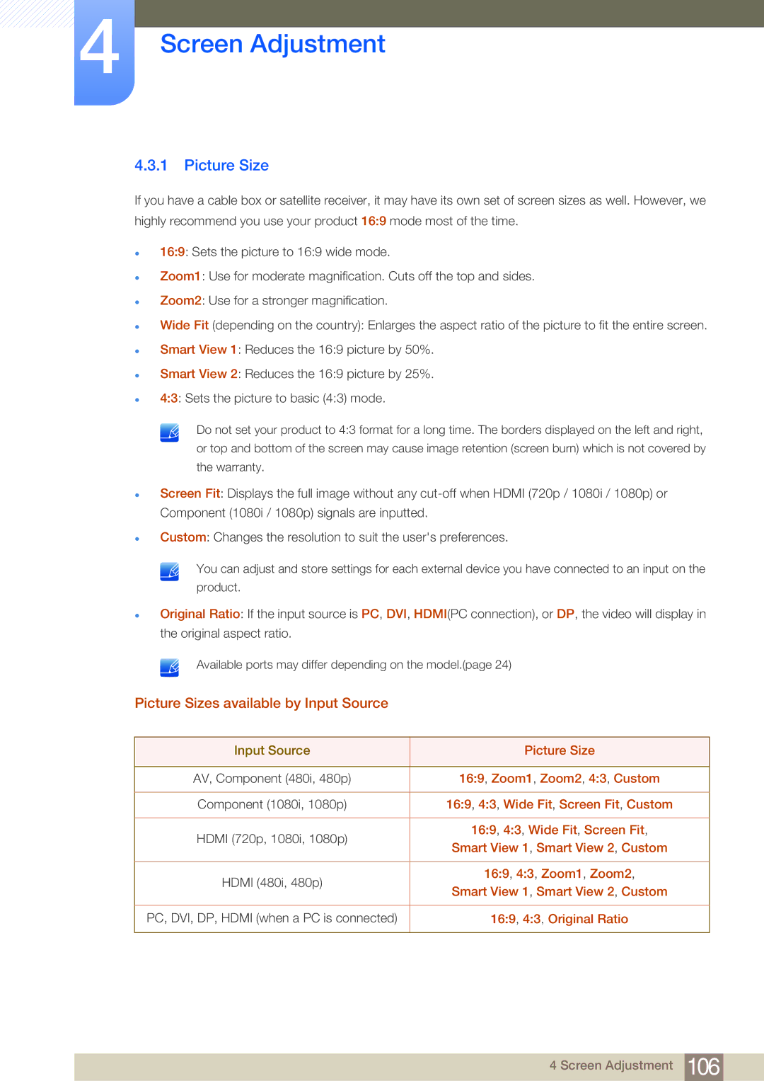 Samsung LH75MEBPLGC/XJ, LH65MEBPLGC/EN, LH75MEBPLGC/EN, LH65MEBPLGC/XJ manual Picture Sizes available by Input Source 