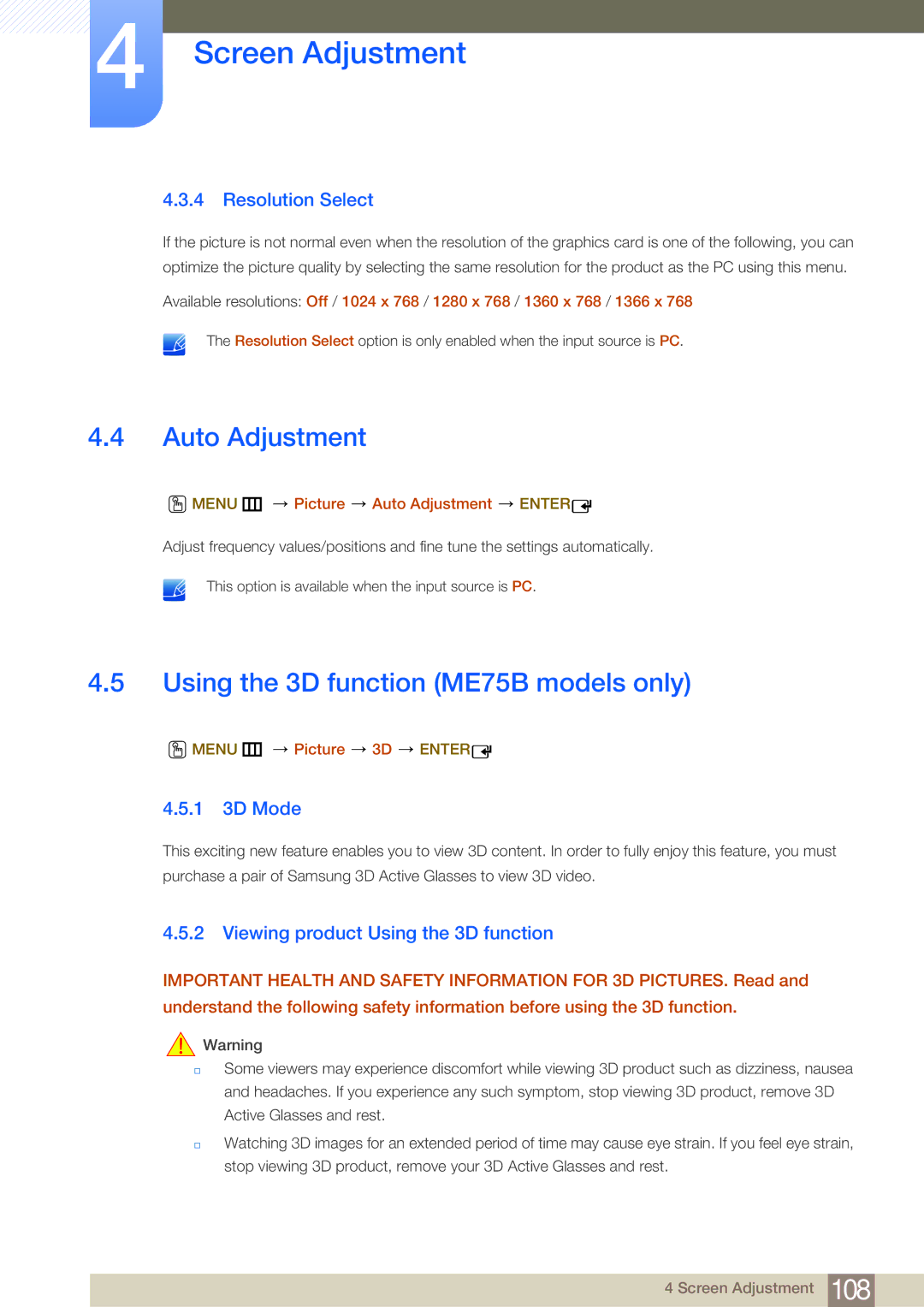 Samsung LH75MEBPLGC/NG manual Auto Adjustment, Using the 3D function ME75B models only, Resolution Select, 1 3D Mode 