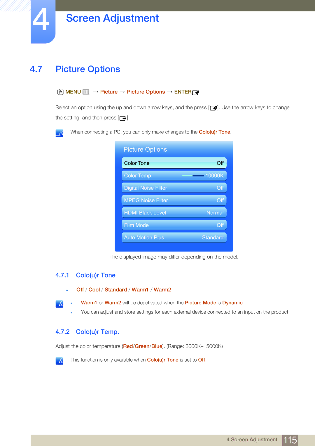 Samsung LH65MEBPLGC/XJ, LH65MEBPLGC/EN, LH75MEBPLGC/EN Colour Tone, Colour Temp, Menu m Picture Picture Options Enter 