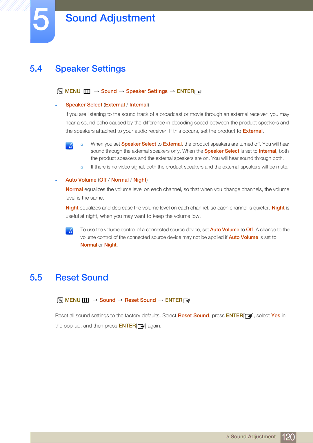 Samsung LH65MEBPLGC/EN manual Speaker Settings, Auto Volume Off / Normal / Night, Menu m Sound Reset Sound Enter 