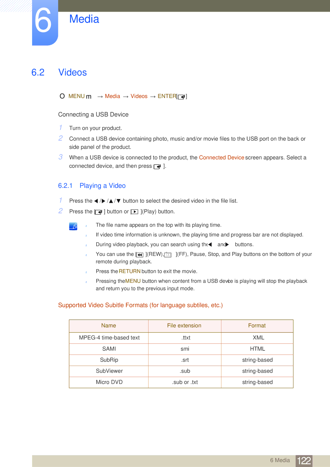 Samsung LH75MEBPLGC/XJ, LH65MEBPLGC/EN Videos, Playing a Video, Supported Video Subitle Formats for language subtiles, etc 