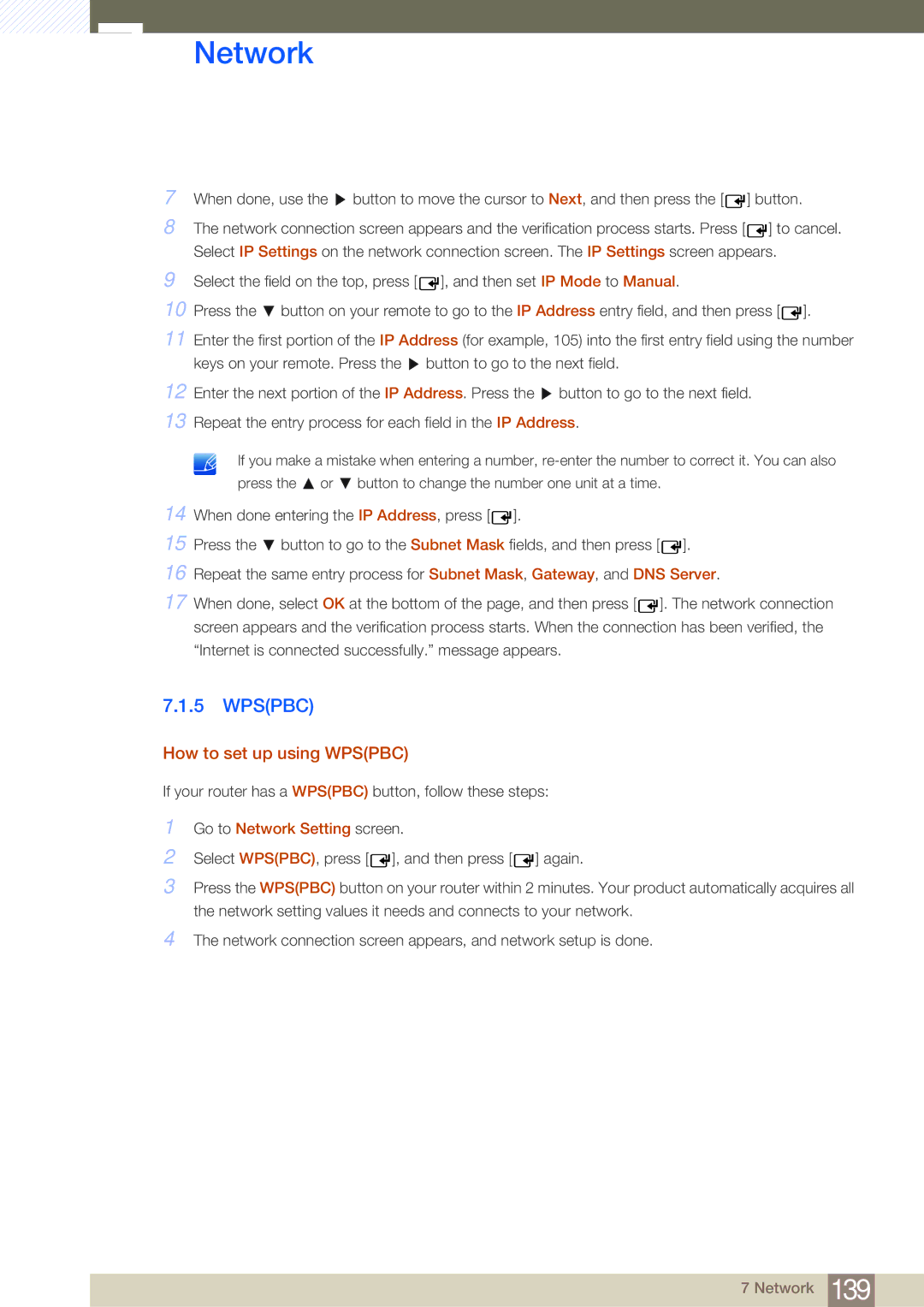 Samsung LH65MEBPLGC/XJ, LH65MEBPLGC/EN, LH75MEBPLGC/EN, LH75MEBPLGC/XJ, LH75MEBPLGC/NG Wpspbc, Go to Network Setting screen 