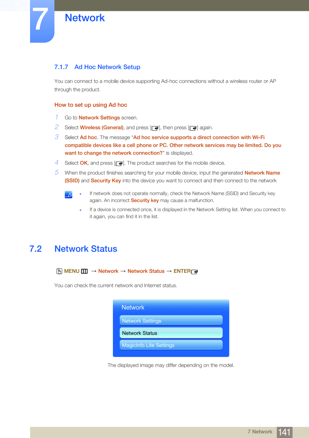 Samsung LH65MEBPLGC/NG, LH65MEBPLGC/EN, LH75MEBPLGC/EN Network Status, Ad Hoc Network Setup, How to set up using Ad hoc 