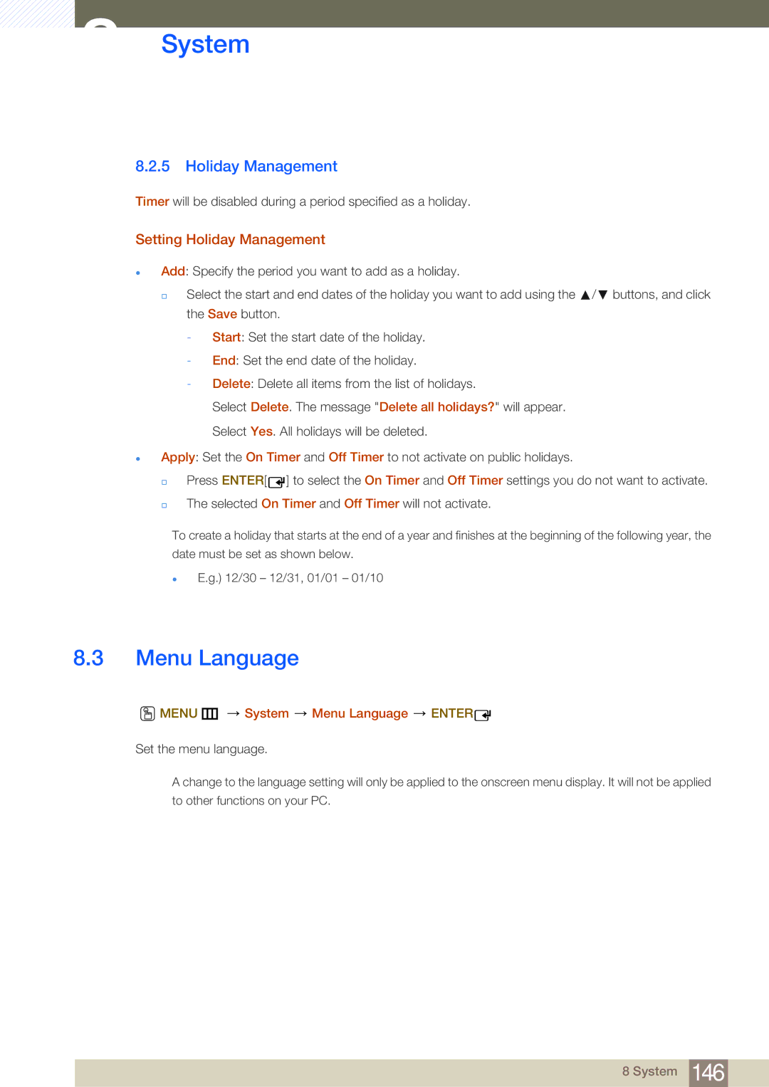 Samsung LH75MEBPLGC/XJ, LH65MEBPLGC/EN manual Setting Holiday Management, Menu m System Menu Language Enter 