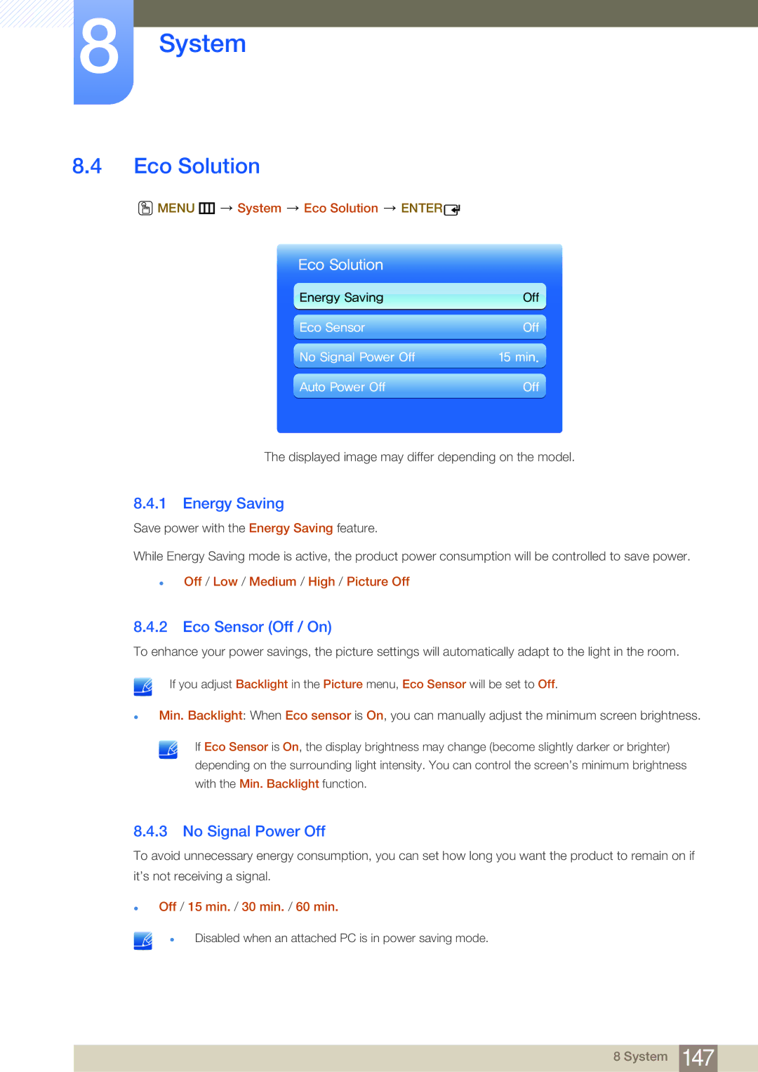 Samsung LH65MEBPLGC/XJ, LH65MEBPLGC/EN manual Eco Solution, Energy Saving, Eco Sensor Off / On, No Signal Power Off 