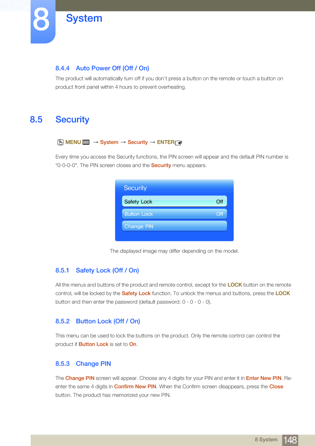 Samsung LH75MEBPLGC/NG manual Security, Auto Power Off Off / On, Safety Lock Off / On, Button Lock Off / On, Change PIN 