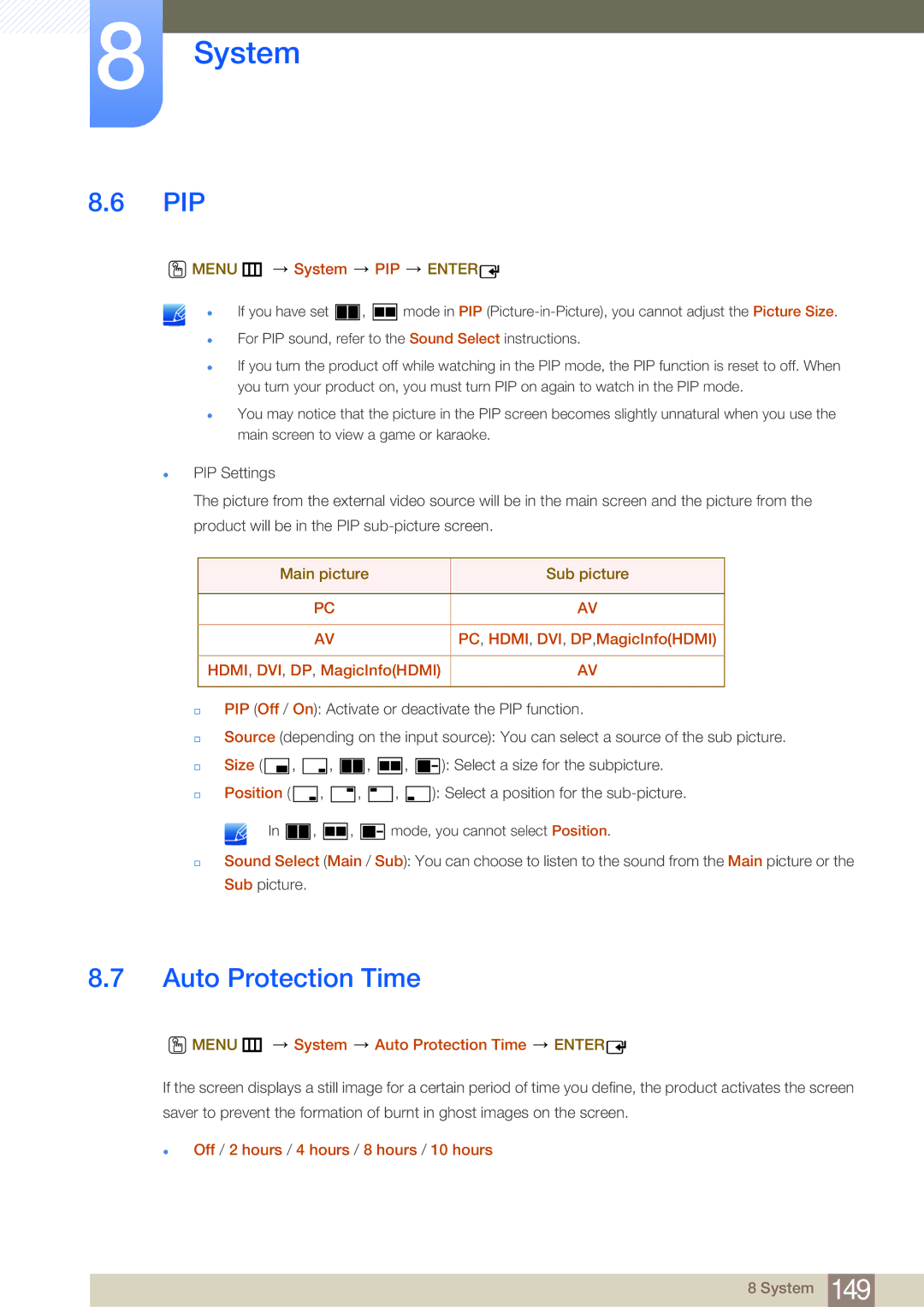 Samsung LH65MEBPLGC/NG, LH65MEBPLGC/EN, LH75MEBPLGC/EN, LH75MEBPLGC/XJ, LH65MEBPLGC/XJ manual Pip, Auto Protection Time 