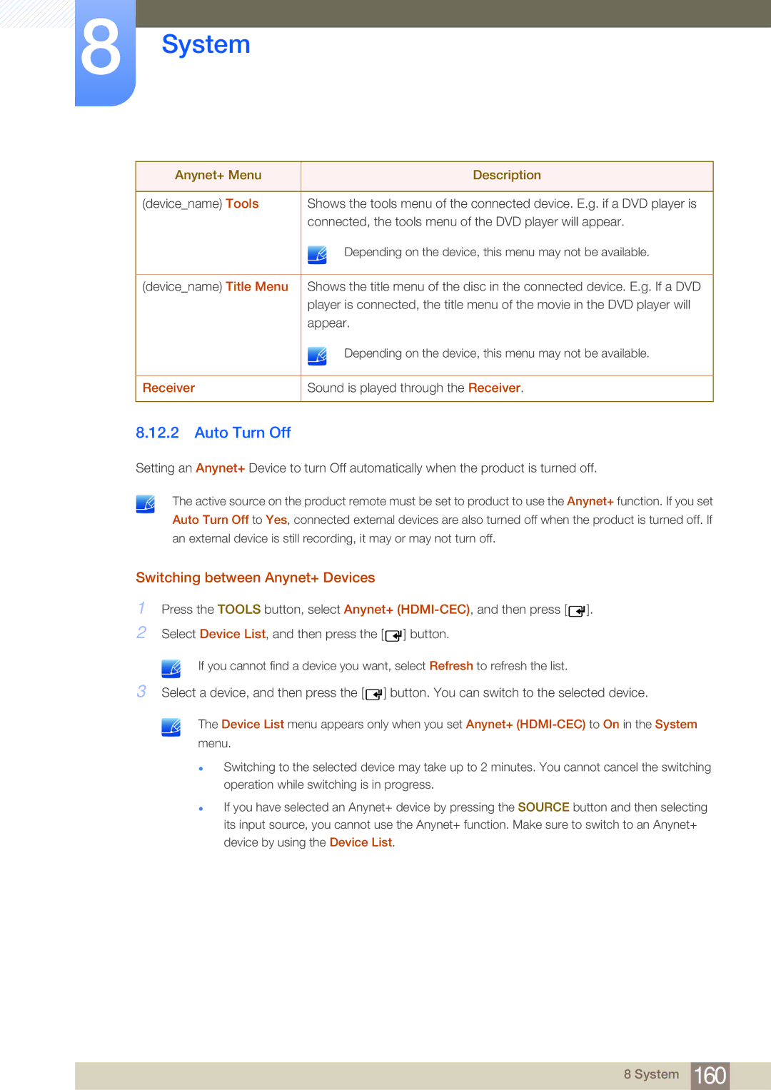 Samsung LH65MEBPLGC/EN, LH75MEBPLGC/EN, LH75MEBPLGC/XJ manual Auto Turn Off, Switching between Anynet+ Devices, Receiver 