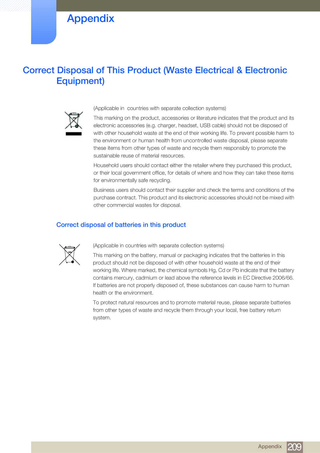 Samsung LH75MEBPLGC/EN, LH65MEBPLGC/EN, LH75MEBPLGC/XJ, LH65MEBPLGC/XJ manual Correct disposal of batteries in this product 