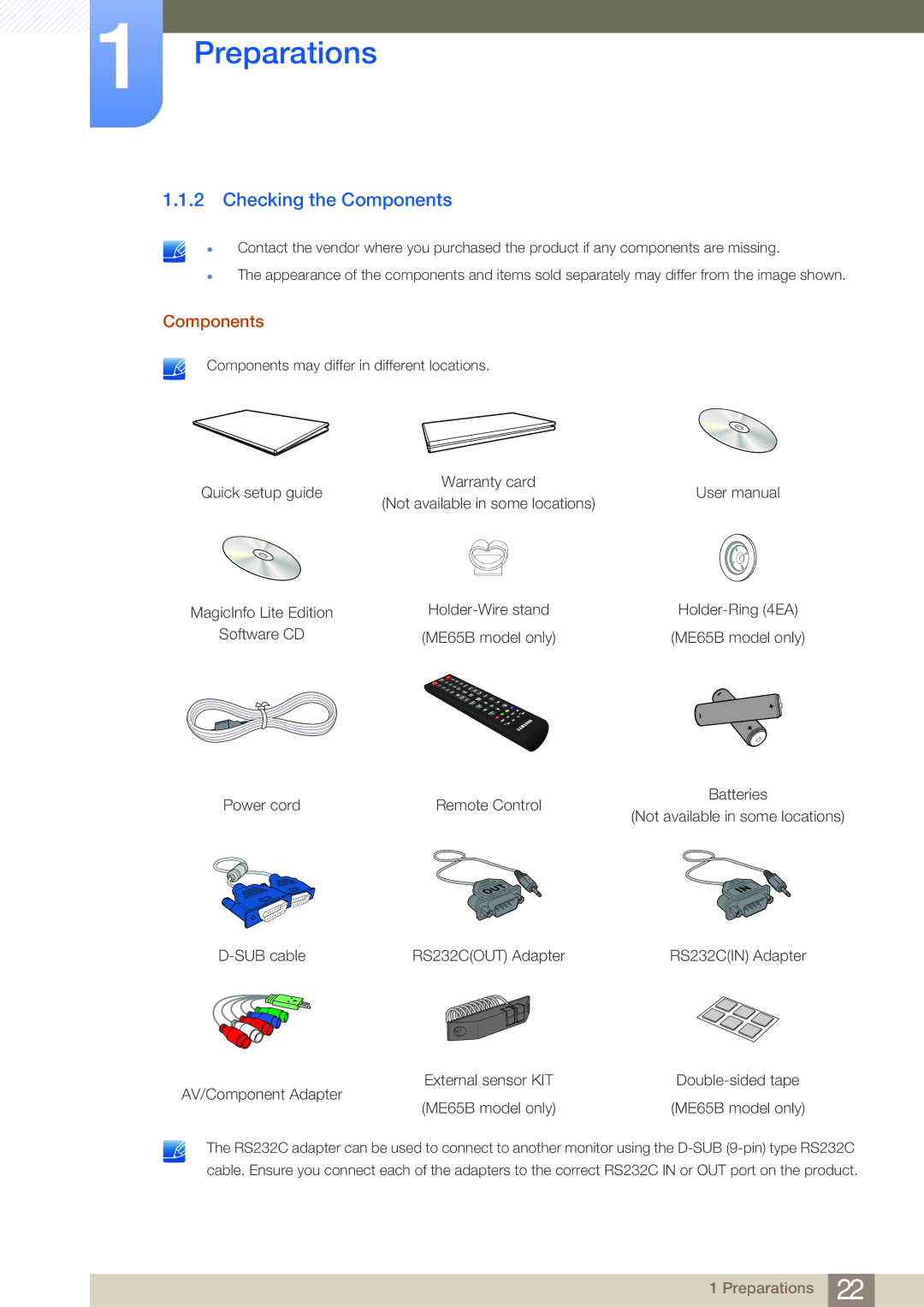 Samsung LH75MEBPLGC/XY, LH65MEBPLGC/EN, LH75MEBPLGC/EN, LH75MEBPLGC/XJ, LH65MEBPLGC/XJ, LH75MEBPLGC/NG Checking the Components 