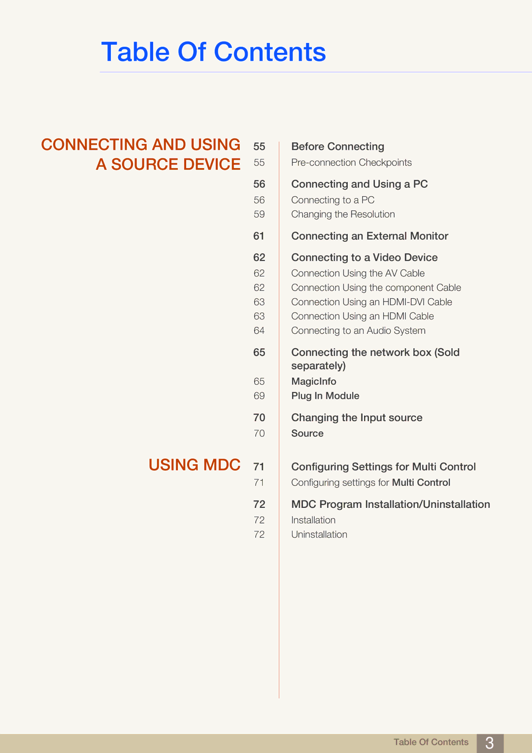 Samsung LH65MEBPLGC/XJ, LH65MEBPLGC/EN, LH75MEBPLGC/EN, LH75MEBPLGC/XJ Connecting and Using 55 a Source Device Using MDC 