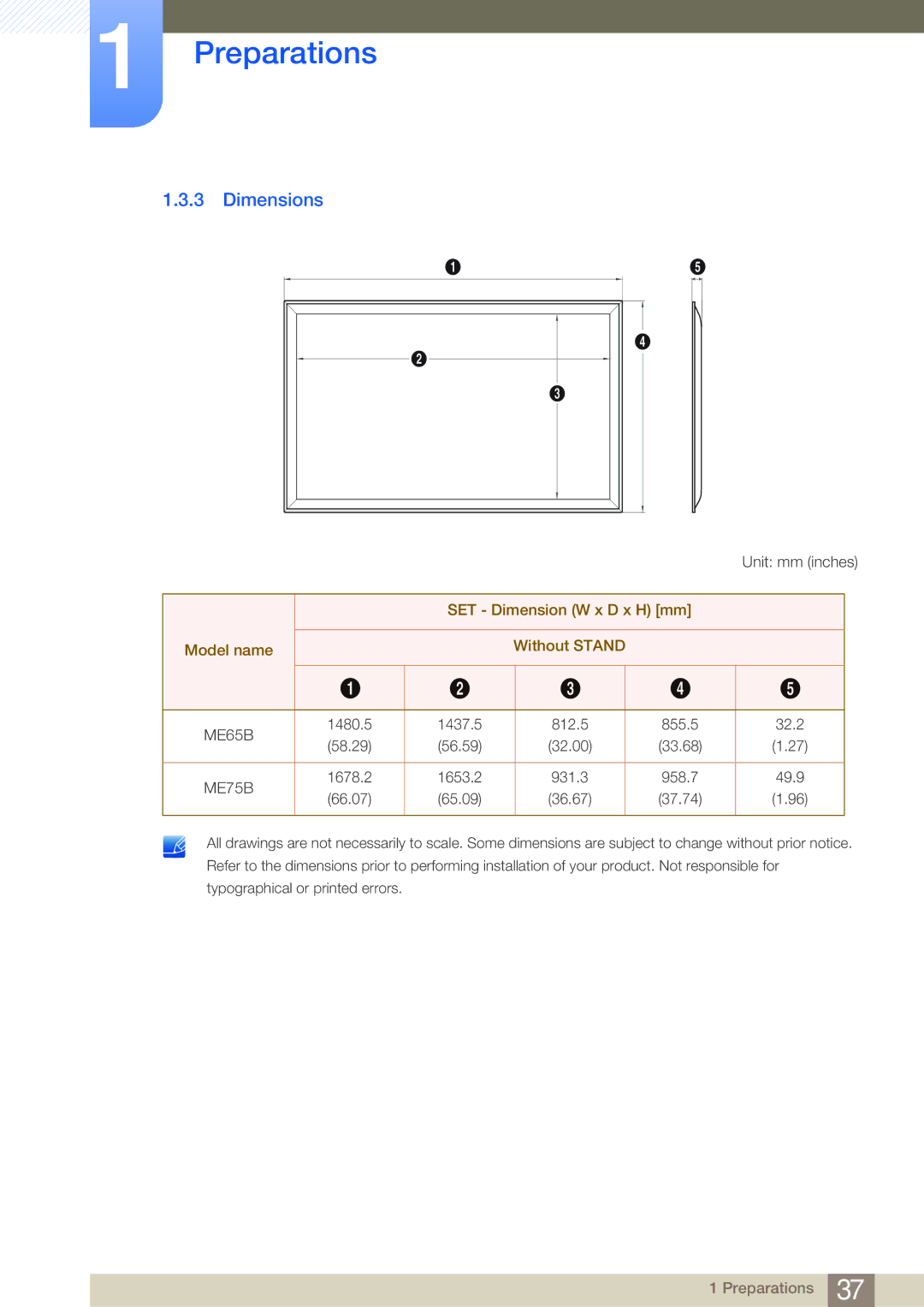 Samsung LH65MEBPLGC/NG, LH65MEBPLGC/EN, LH75MEBPLGC/EN manual Dimensions, SET Dimension W x D x H mm Model name Without Stand 