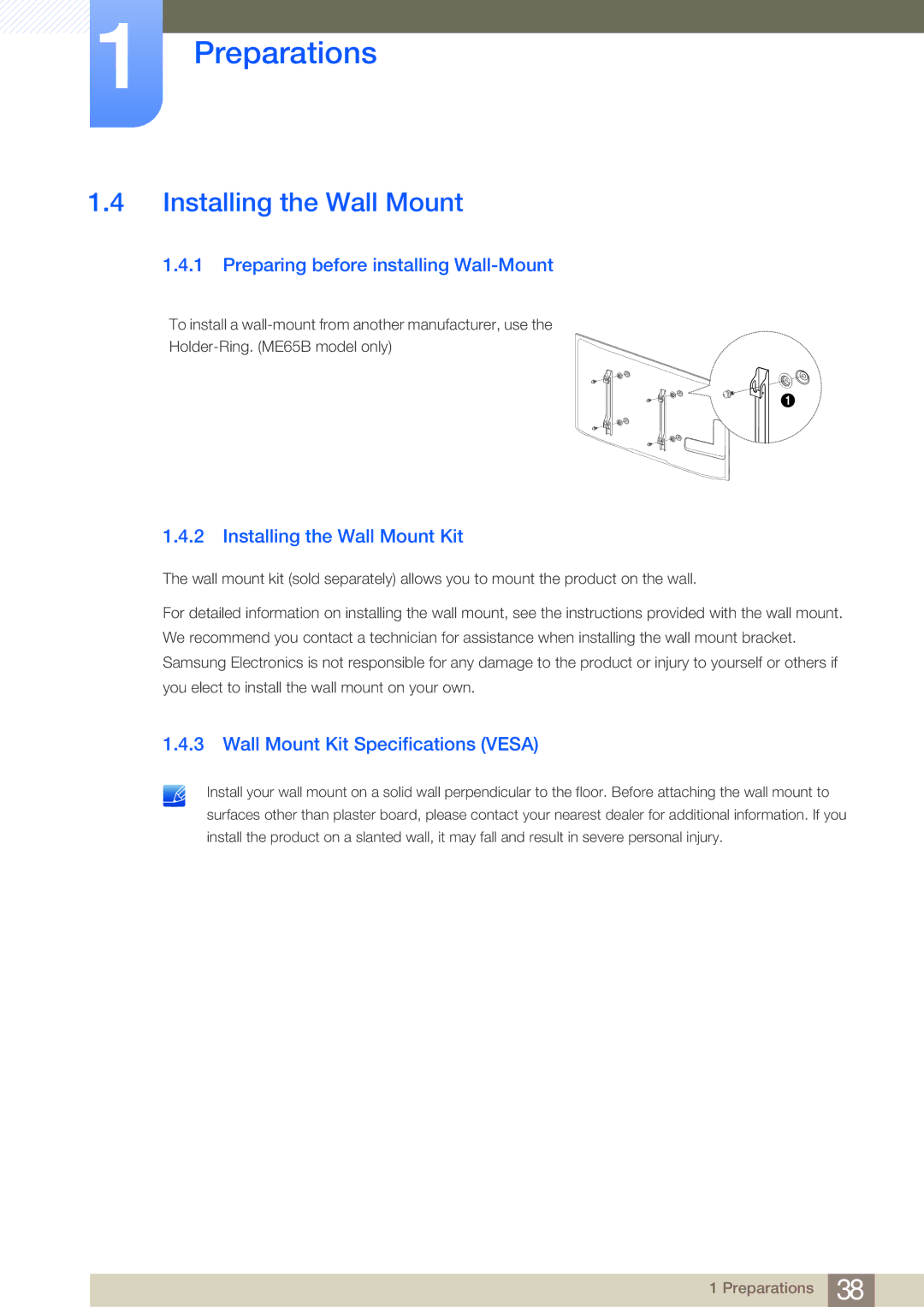 Samsung LH75MEBPLGC/XY, LH65MEBPLGC/EN manual Preparing before installing Wall-Mount, Installing the Wall Mount Kit 