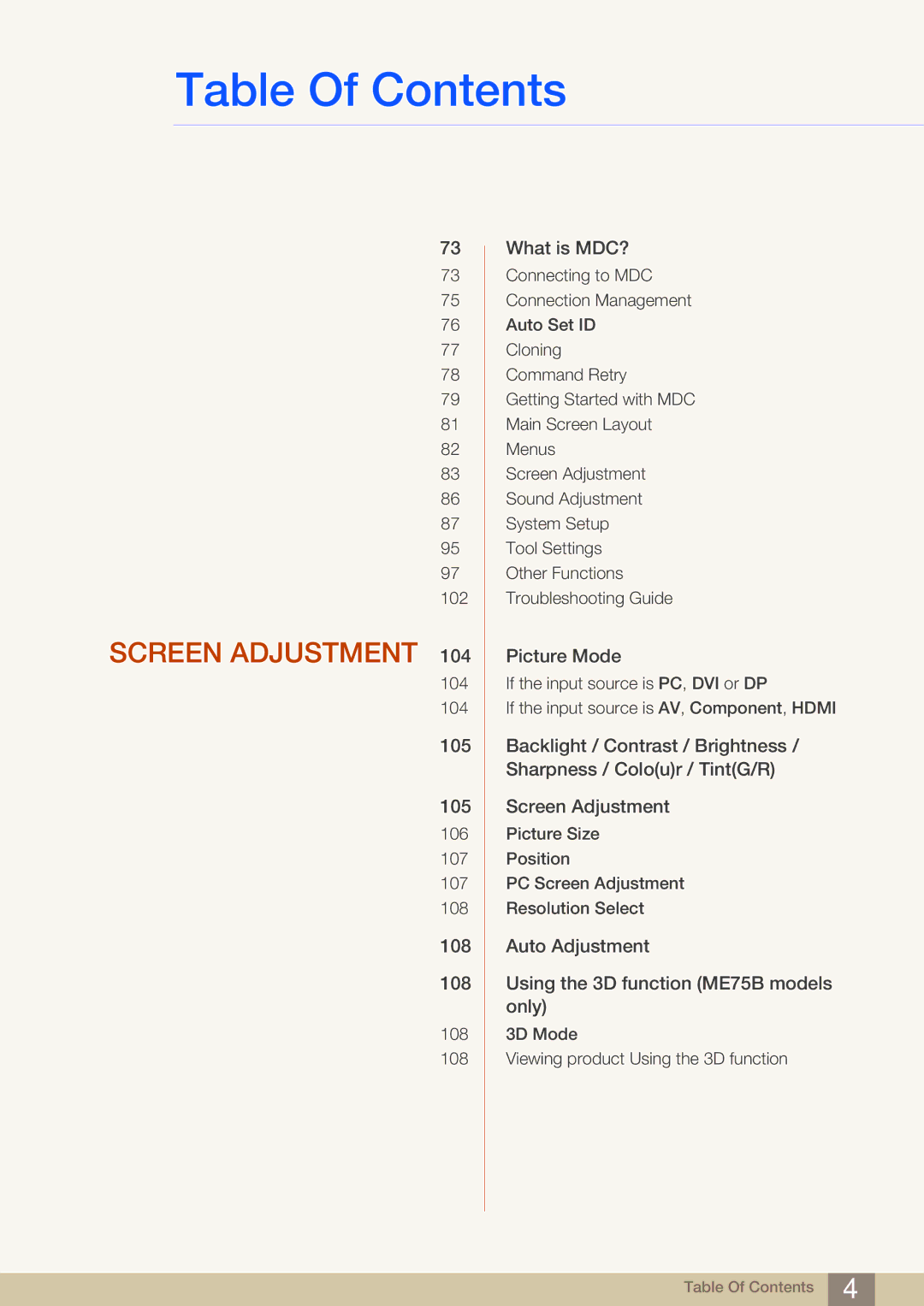 Samsung LH75MEBPLGC/NG, LH65MEBPLGC/EN, LH75MEBPLGC/EN, LH75MEBPLGC/XJ, LH65MEBPLGC/XJ, LH65MEBPLGC/NG manual Screen Adjustment 