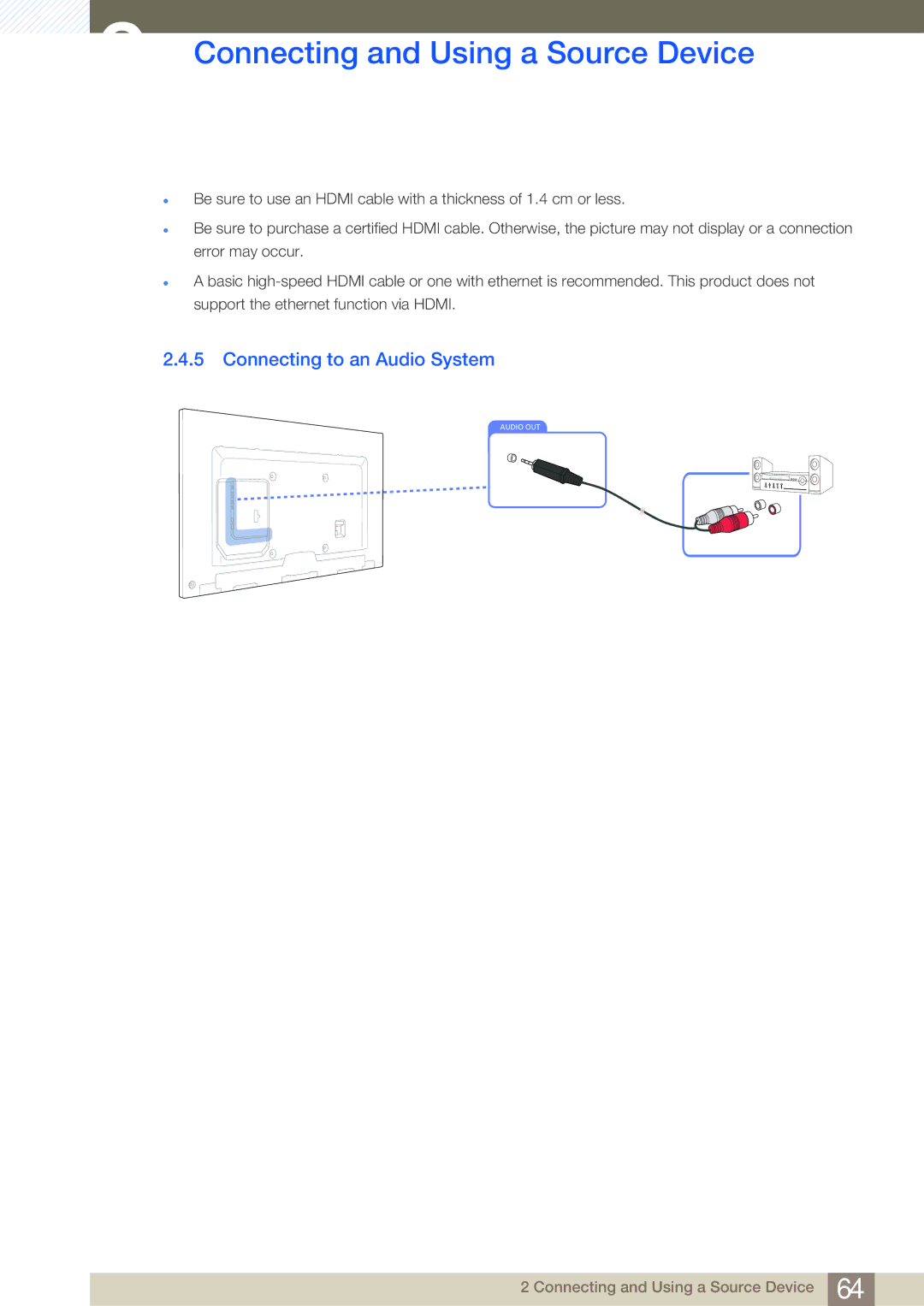 Samsung LH65MEBPLGC/EN, LH75MEBPLGC/EN, LH75MEBPLGC/XJ, LH65MEBPLGC/XJ, LH75MEBPLGC/NG manual Connecting to an Audio System 