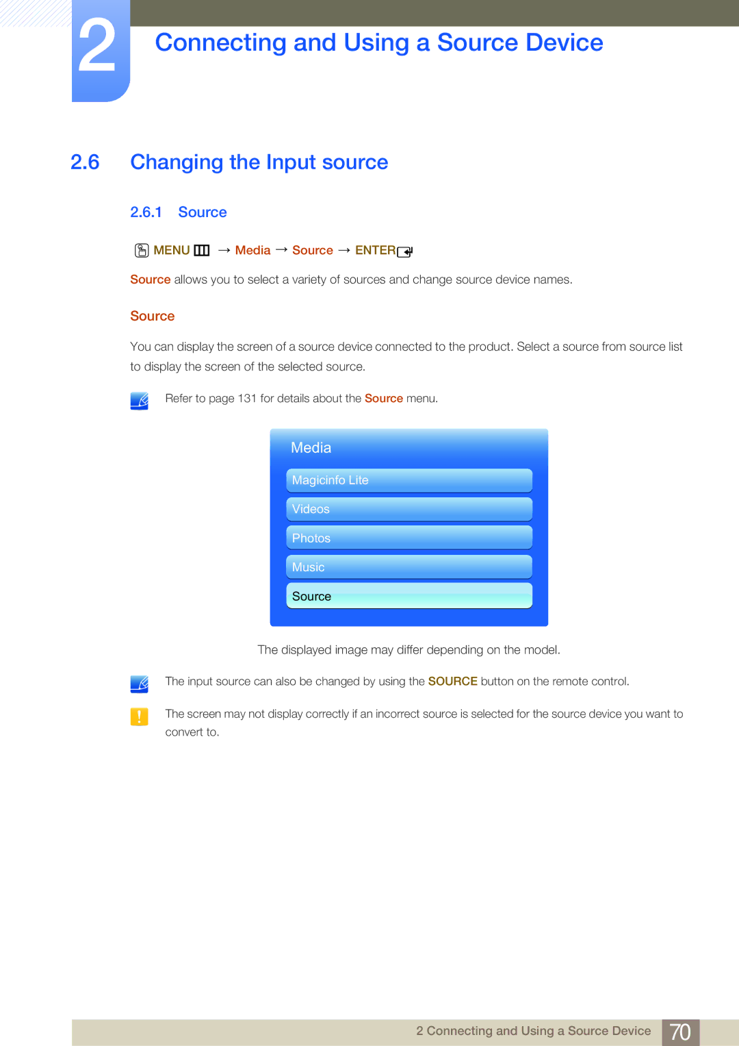 Samsung LH75MEBPLGC/XY, LH65MEBPLGC/EN, LH75MEBPLGC/EN manual Changing the Input source, Menu m Media Source Enter 