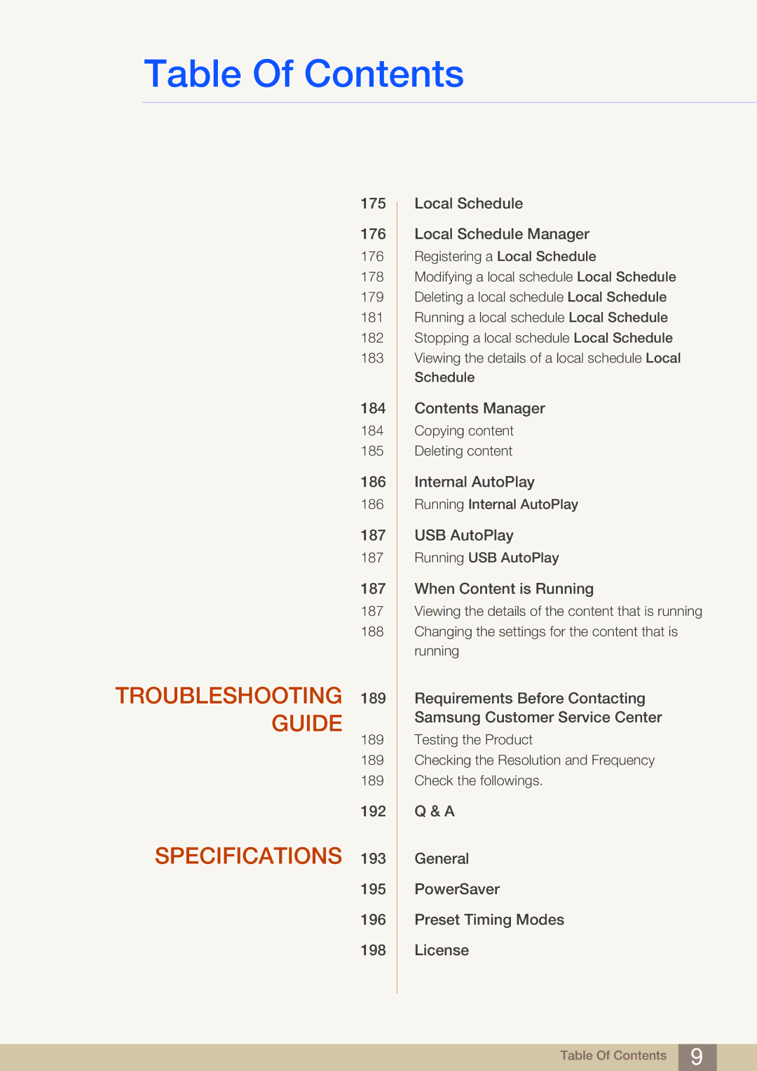 Samsung LH75MEBPLGC/EN, LH65MEBPLGC/EN, LH75MEBPLGC/XJ, LH65MEBPLGC/XJ, LH75MEBPLGC/NG manual Troubleshooting 189 Guide 