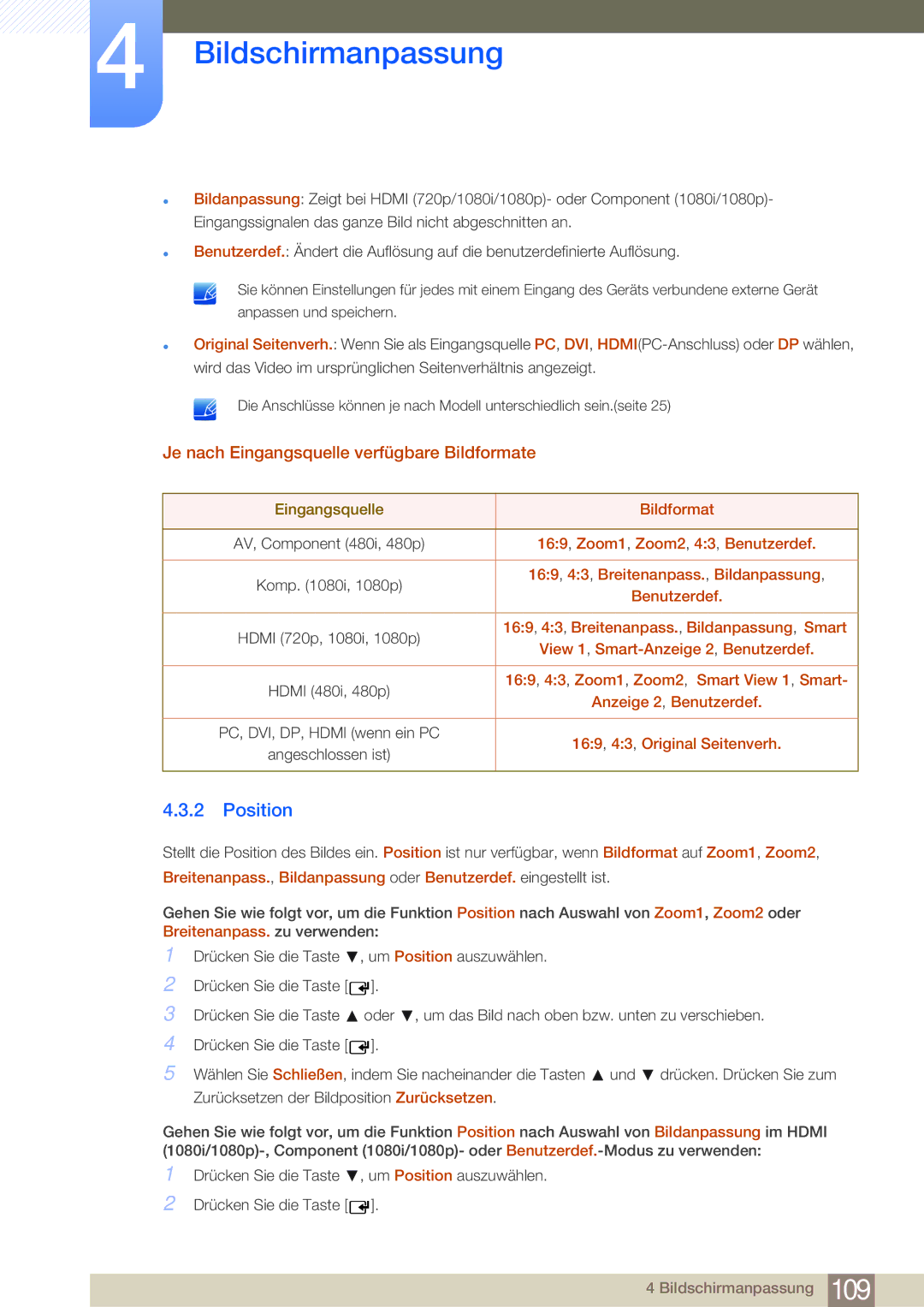 Samsung LH75MEBPLGC/EN, LH65MEBPLGC/EN manual Position, Je nach Eingangsquelle verfügbare Bildformate 