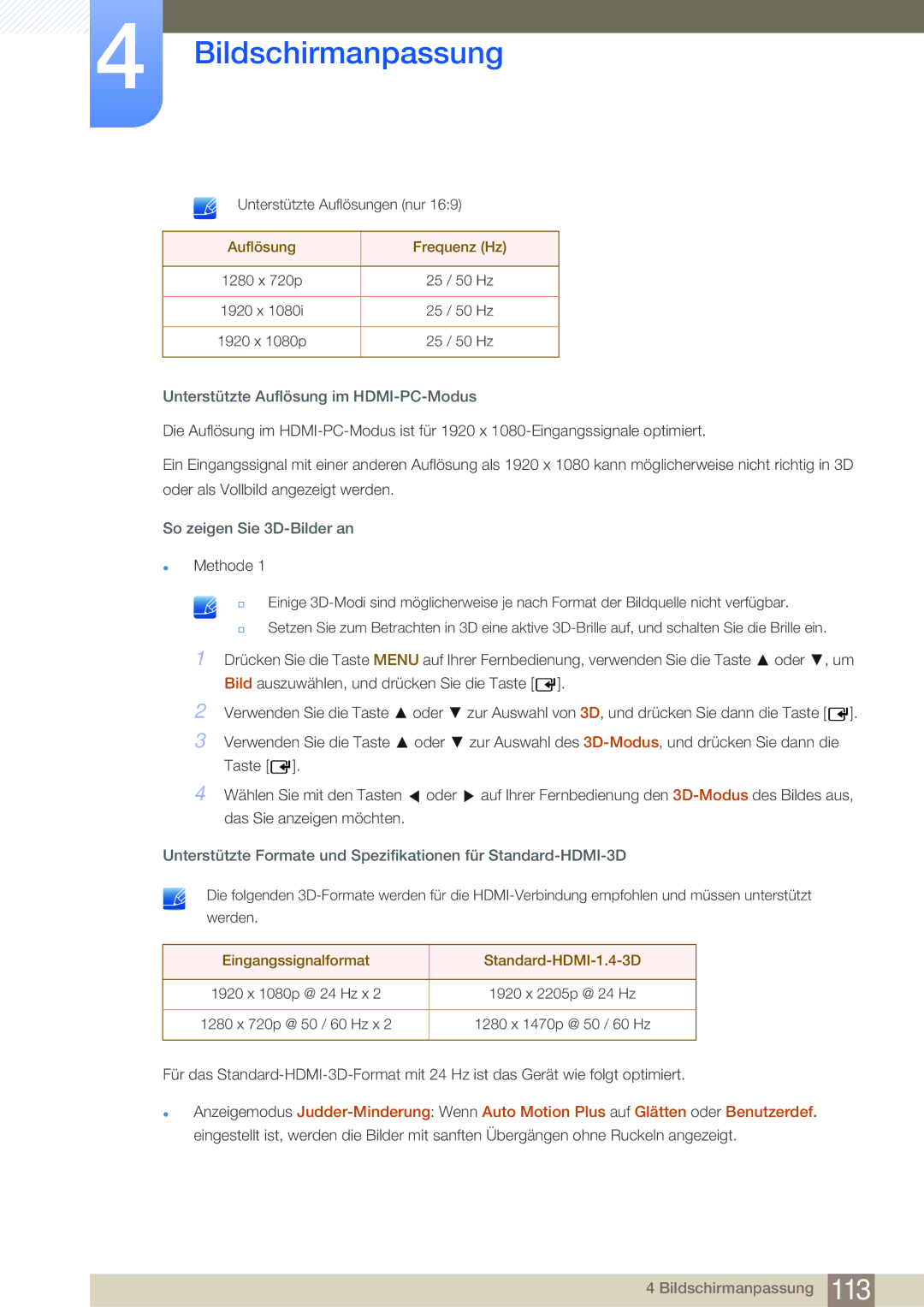 Samsung LH75MEBPLGC/EN manual Auflösung Frequenz Hz, Unterstützte Auflösung im HDMI-PC-Modus, So zeigen Sie 3D-Bilder an 