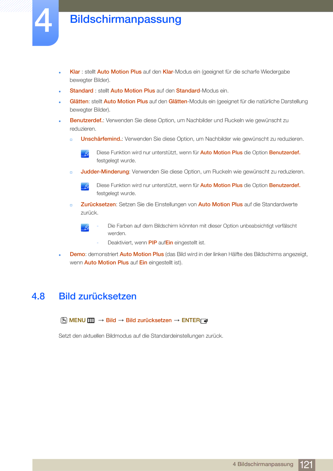 Samsung LH75MEBPLGC/EN, LH65MEBPLGC/EN manual Bild zurücksetzen, Standard stellt Auto Motion Plus auf den Standard-Modus ein 