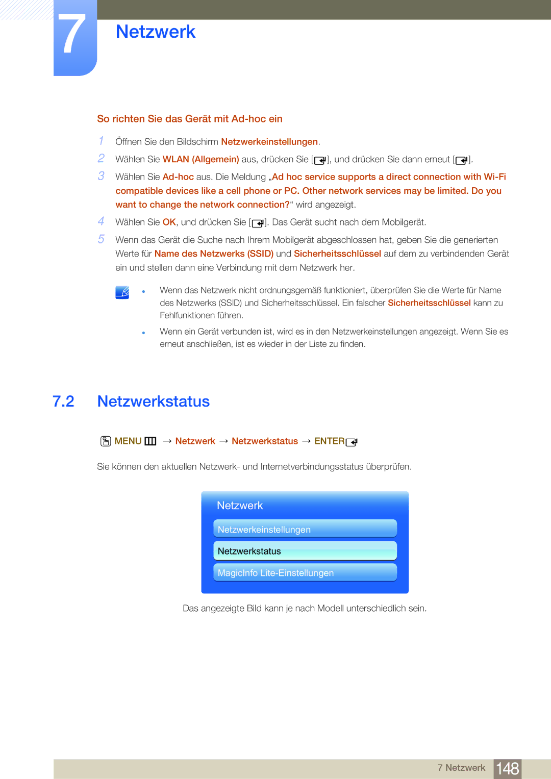 Samsung LH65MEBPLGC/EN, LH75MEBPLGC/EN So richten Sie das Gerät mit Ad-hoc ein, Menu m Netzwerk Netzwerkstatus Enter 