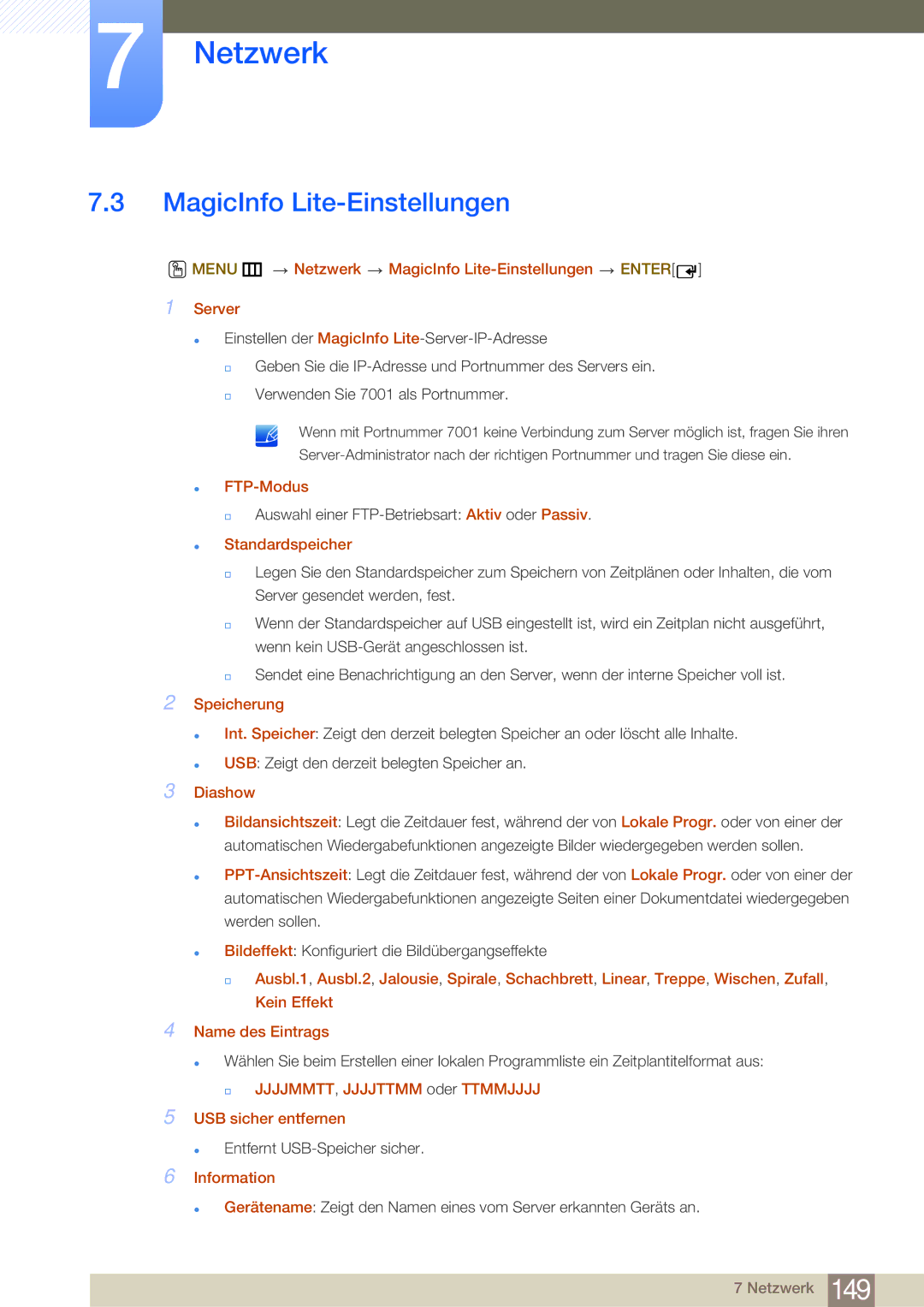 Samsung LH75MEBPLGC/EN, LH65MEBPLGC/EN manual MagicInfo Lite-Einstellungen 